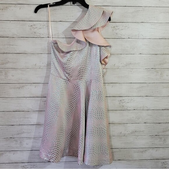 Blush Pink & Silver Metallic One Shoulder Dress w Cascading Ruffle Prom Dress - Picture 10 of 13